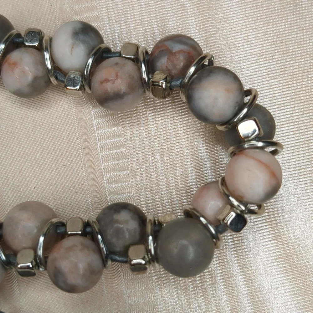 Vintage Boho Willamy Jasper Stone Bracelet Pink Grey Silver Size